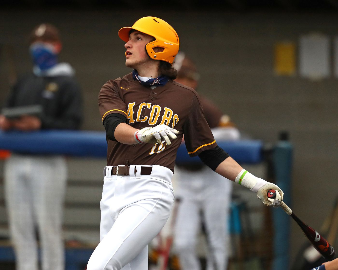 Jacobs&rsquo; Grant Helbig watches his single that drove in a run against Harvest Christian during a nonconference game at Judson University in Elgin on Monday, April 19, 2021.