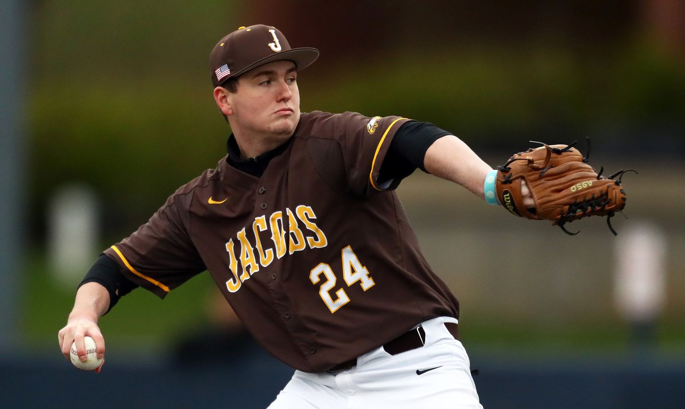 Jacobs right-hander Nathan Chapman pitches against Harvest Christian during a nonconference game at Judson University in Elgin on Monday, April 19, 2021.