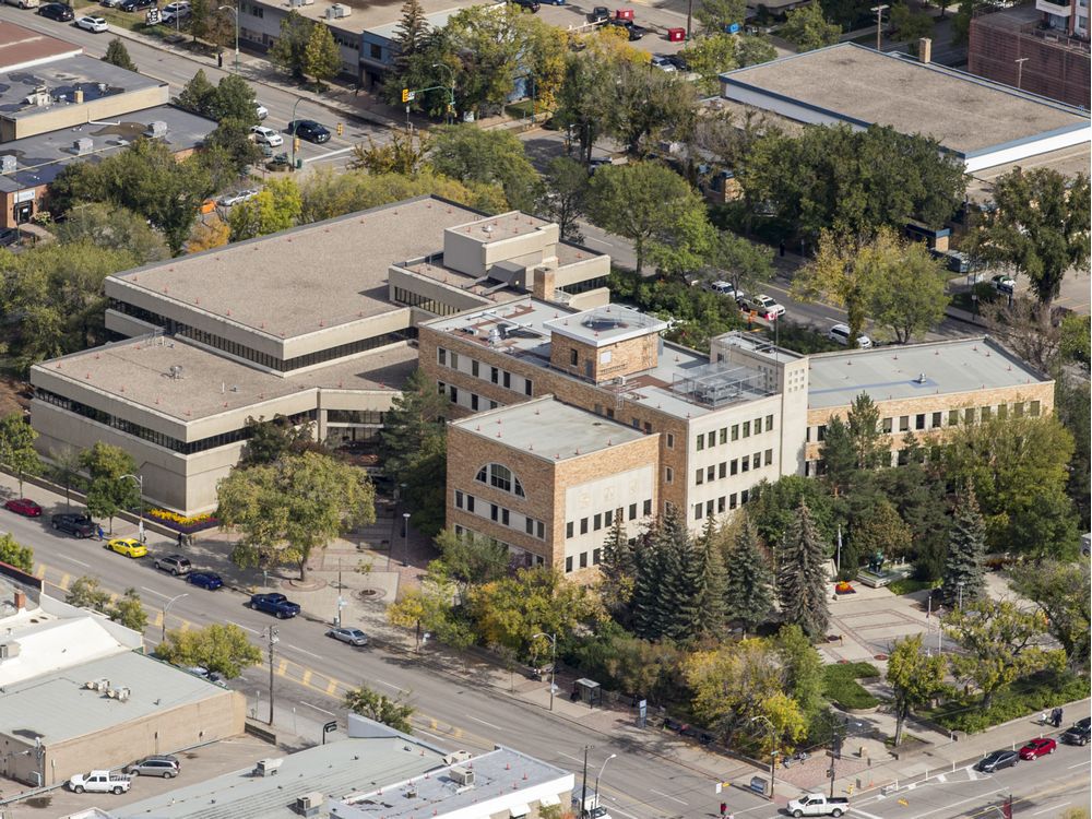 Saskatoon city hall, seen here in a September 2019 aerial photo.