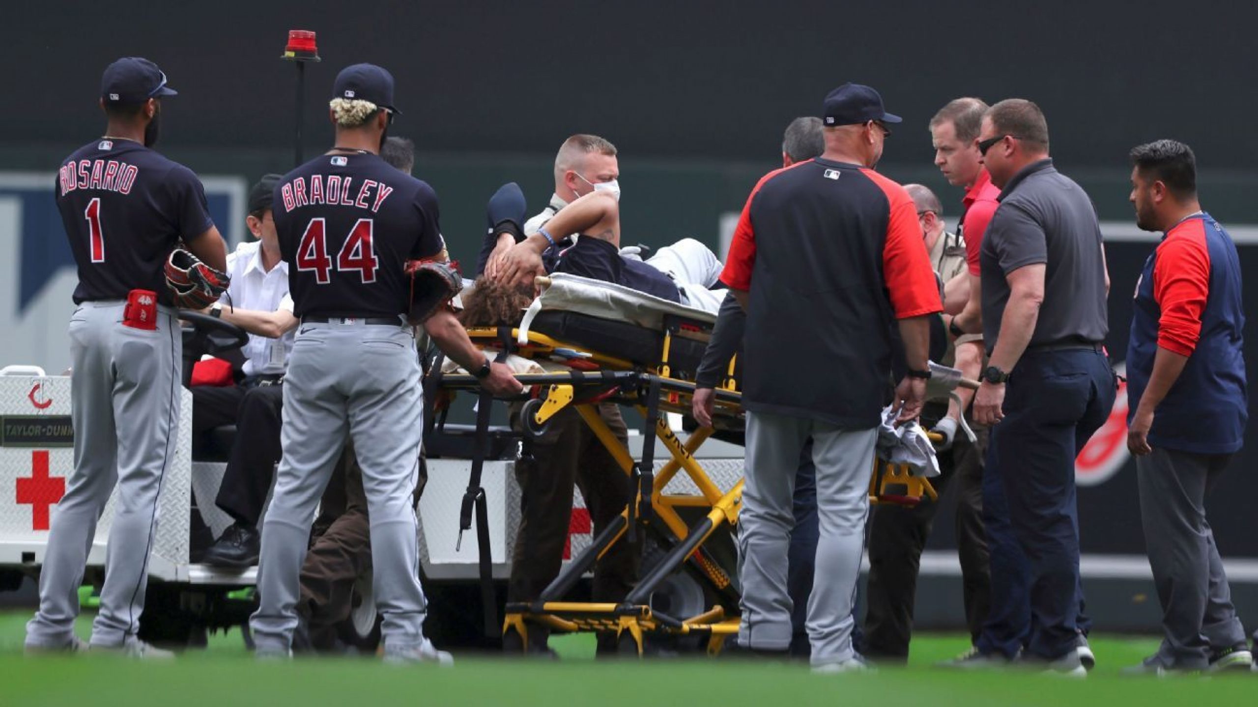 Indians OF Naylor carted off field after collision