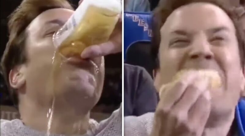 Jimmy Fallon Devours Hot Dog After Dipping In Beer At Rangers Game