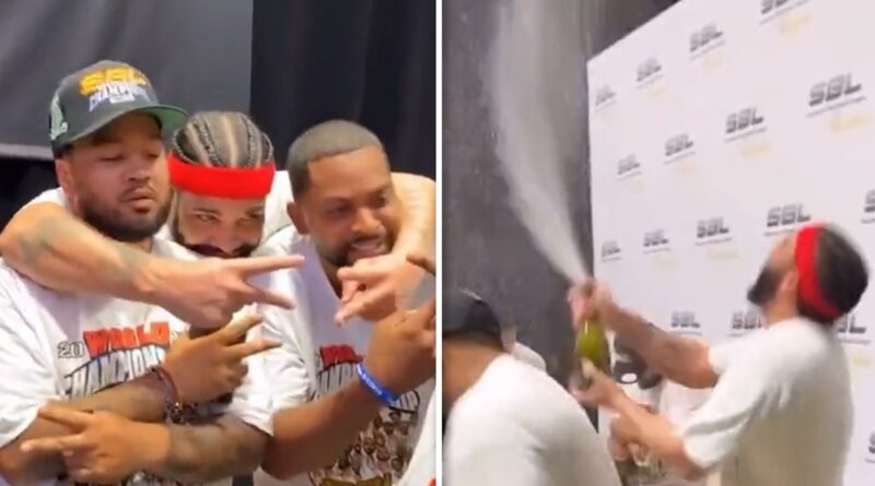 Drake Pops Champagne After Winning SBL Championship, Shouts Out Kobe!