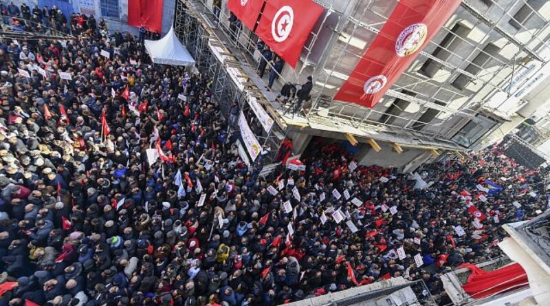 Tunisians take part in UGTT labour union anti-government rally