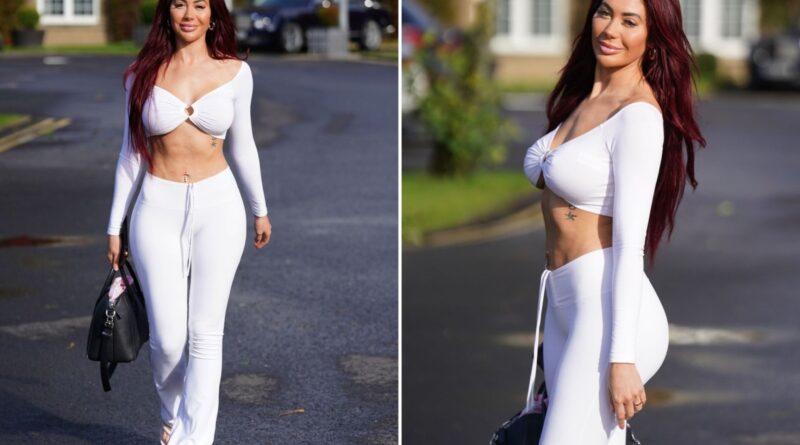 Chloe Ferry leaves nothing to the imagination as she goes braless in white leggings and crop top for spa day