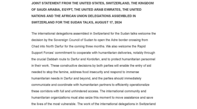 Sudan: Joint Statement on Sudan from the International Delegations in Switzerland