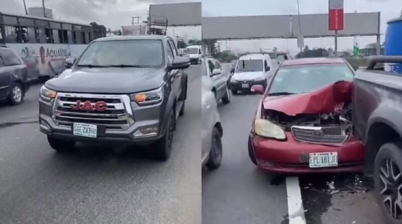 Toyota Corolla Badly Damaged After Rear-ending A JAC Pickup In Lagos (PHOTOS) 