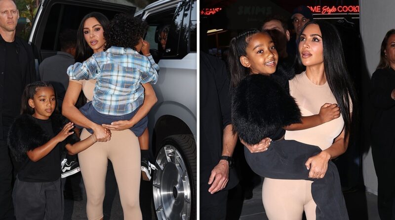Kim Kardashian Brings Kids to SKIMS Drive-In, Poses on Hood of Vintage Car